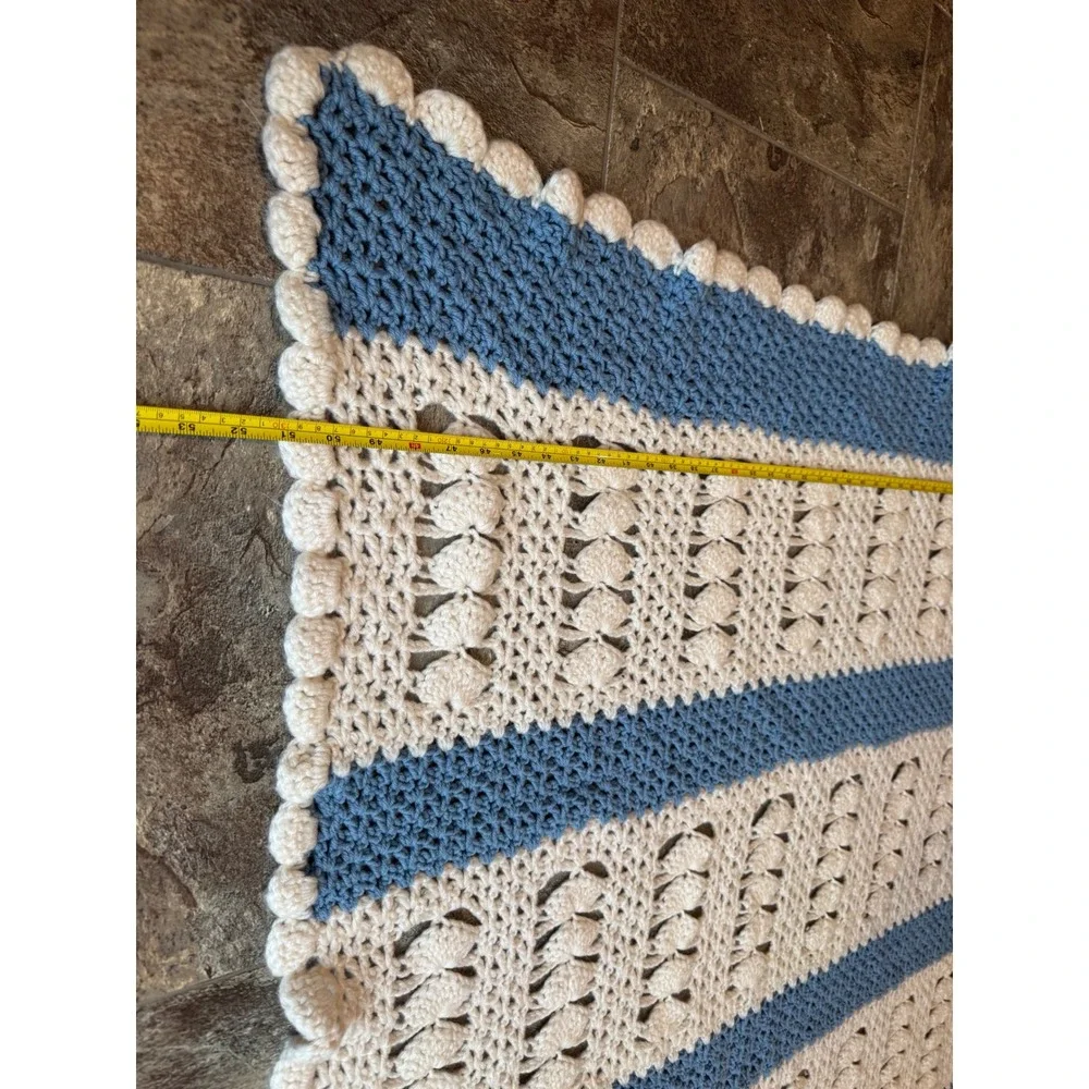 Vintage Handmade Crochet Afghan Grandma Blanket Blue White Striped Heart 52x75
